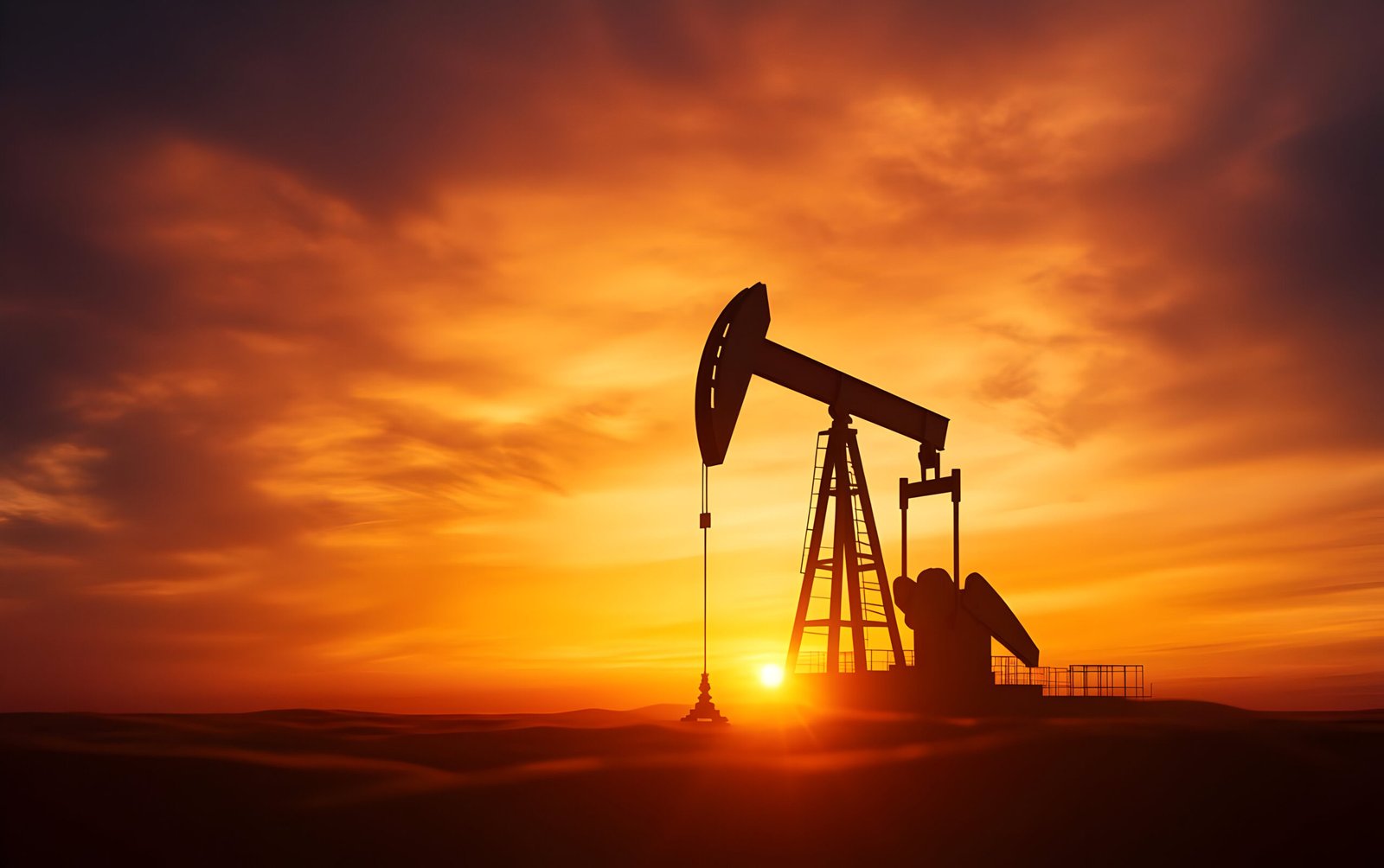 an oil pump silhouetted against a stunning sunset, showcasing the dynamic energy sector and natural beauty of the environment.