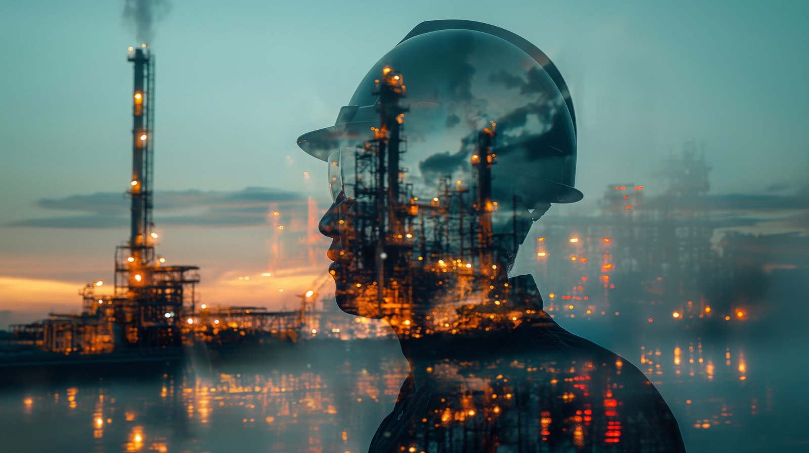 silhouette of an oil worker wearing a hard hat with a background of a glowing industrial refinery, symbolizing energy production and industry.