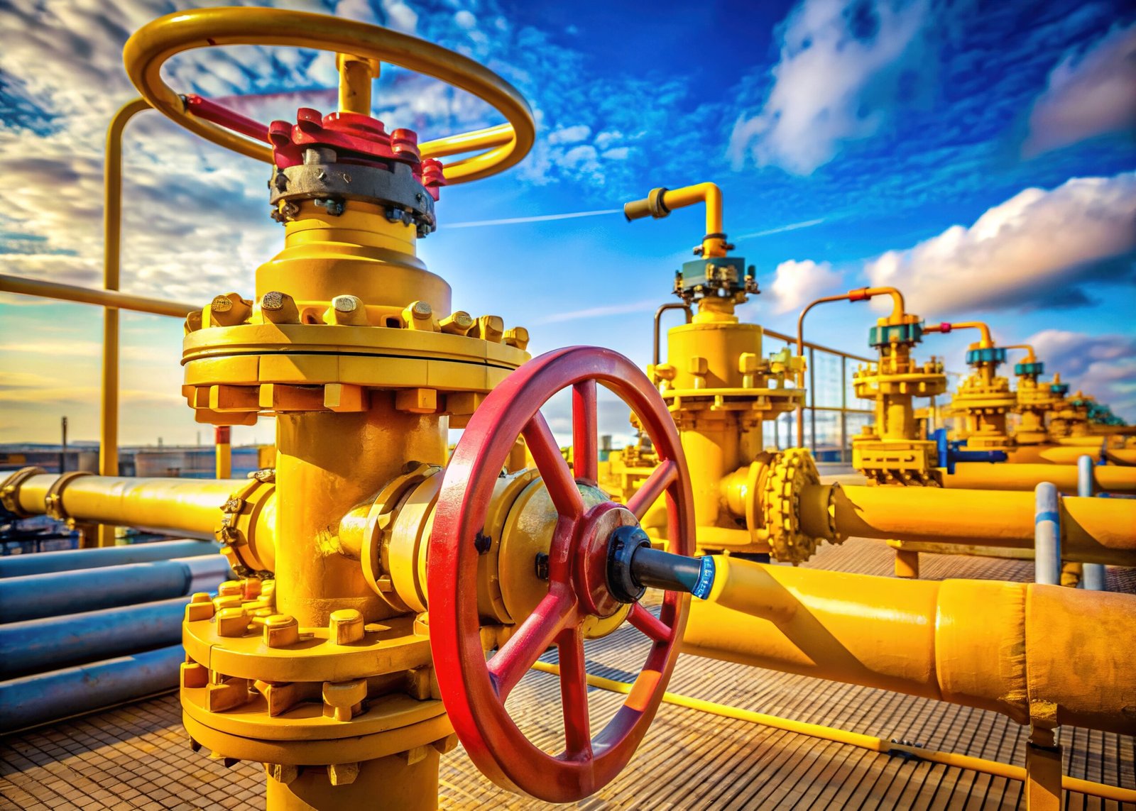 ball valve on pipeline at oil and gas wellhead remote platform, controlling flow of crude oil and gases in petroleum production process.